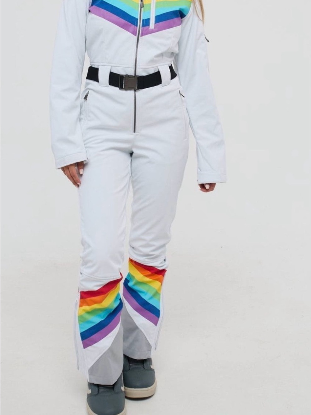OOSC Chic Ski-Suit -Rainbow Road. White Women’s Ski Jumpsuit with Rainbow Accent